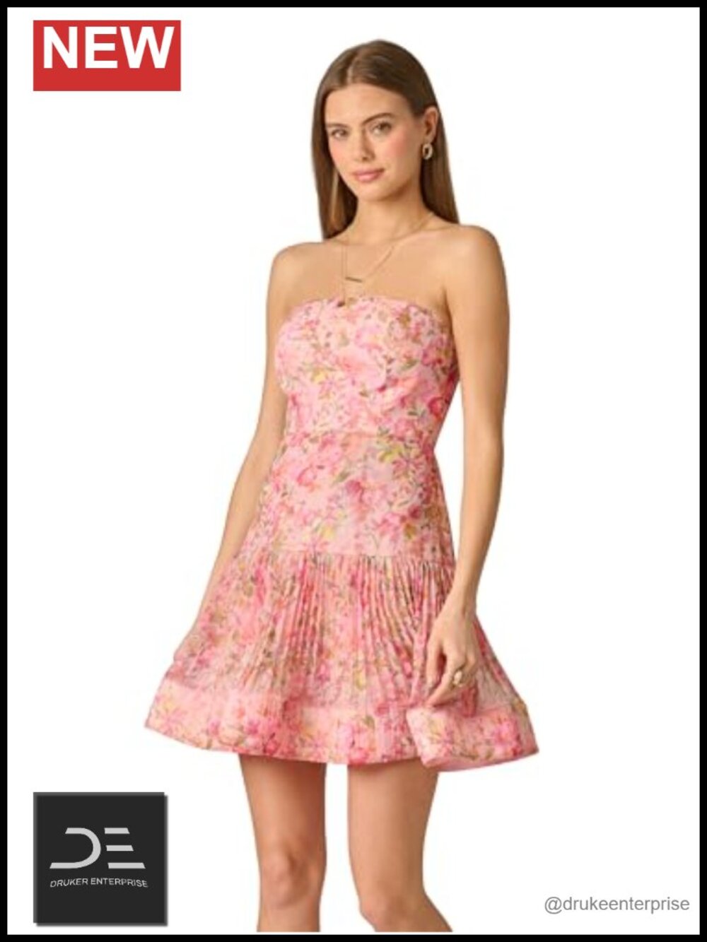 Strapless Organza Mini Dress Floral Pleated Flounce Party
